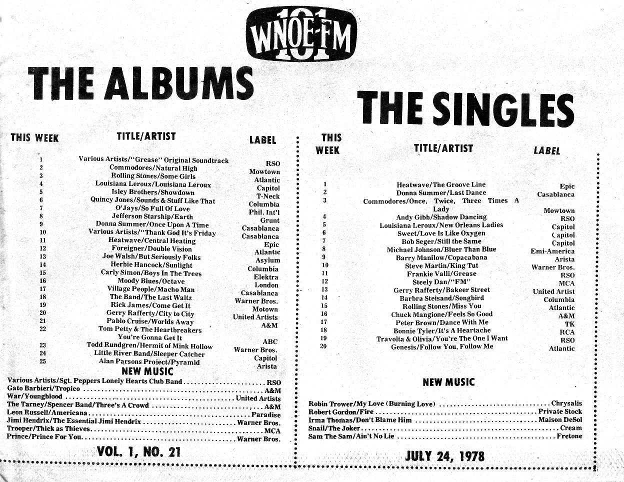 WNOE-FM Music Chart 7/24/78